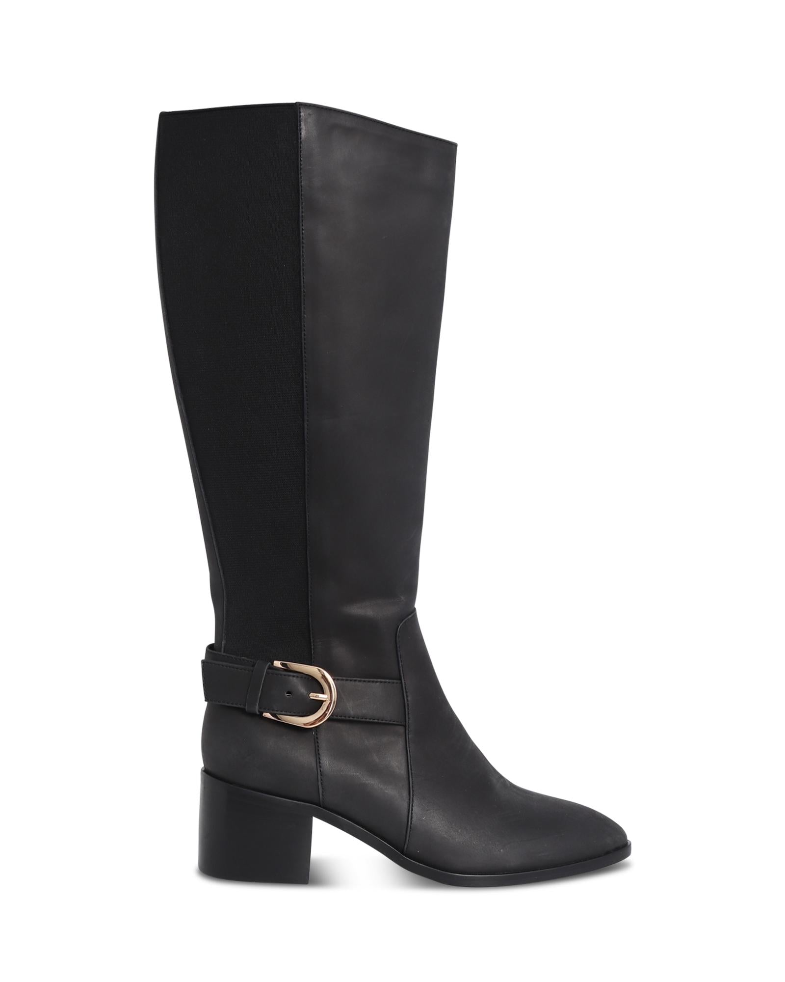 Nyla Black 6cm Knee-High Boot with Elasticated Gusset and Gold Buckle 