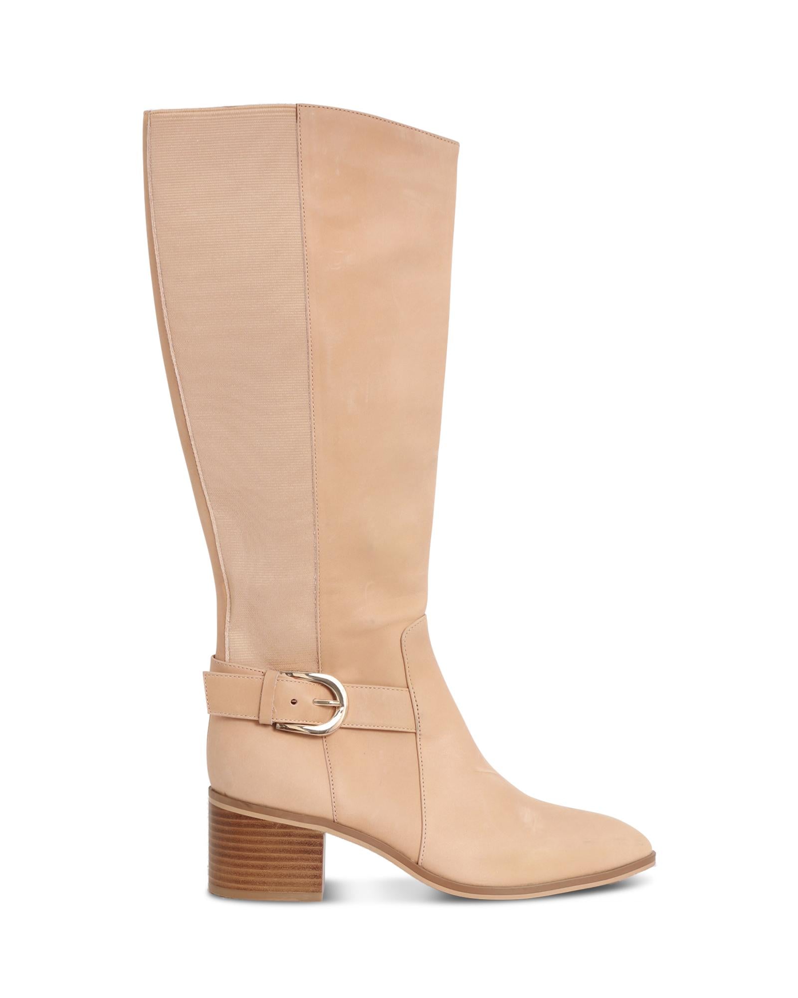 Nyla Natural 6cm Knee-High Boot with Elasticated Gusset and Gold Buckle