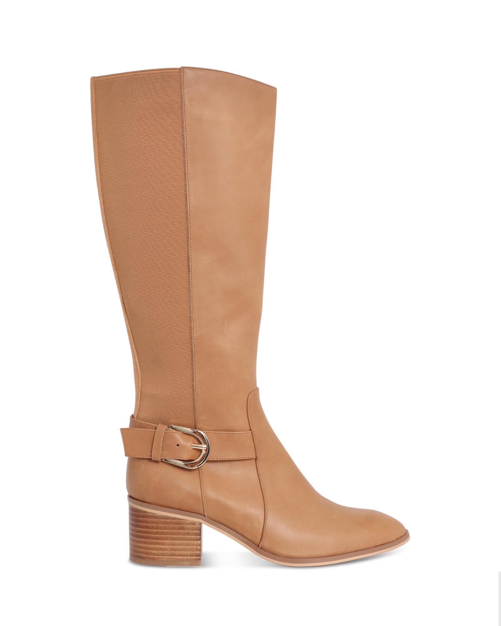 Nyla Tan 6cm Knee-High Boot with Elasticated Gusset and Gold Buckle
